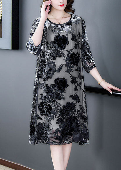 Black Grey Embroideried Patchwork Silk Dresses Summer
