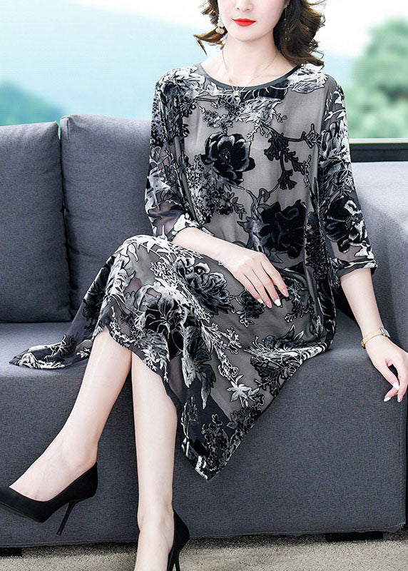 Black Grey Embroideried Patchwork Silk Dresses Summer