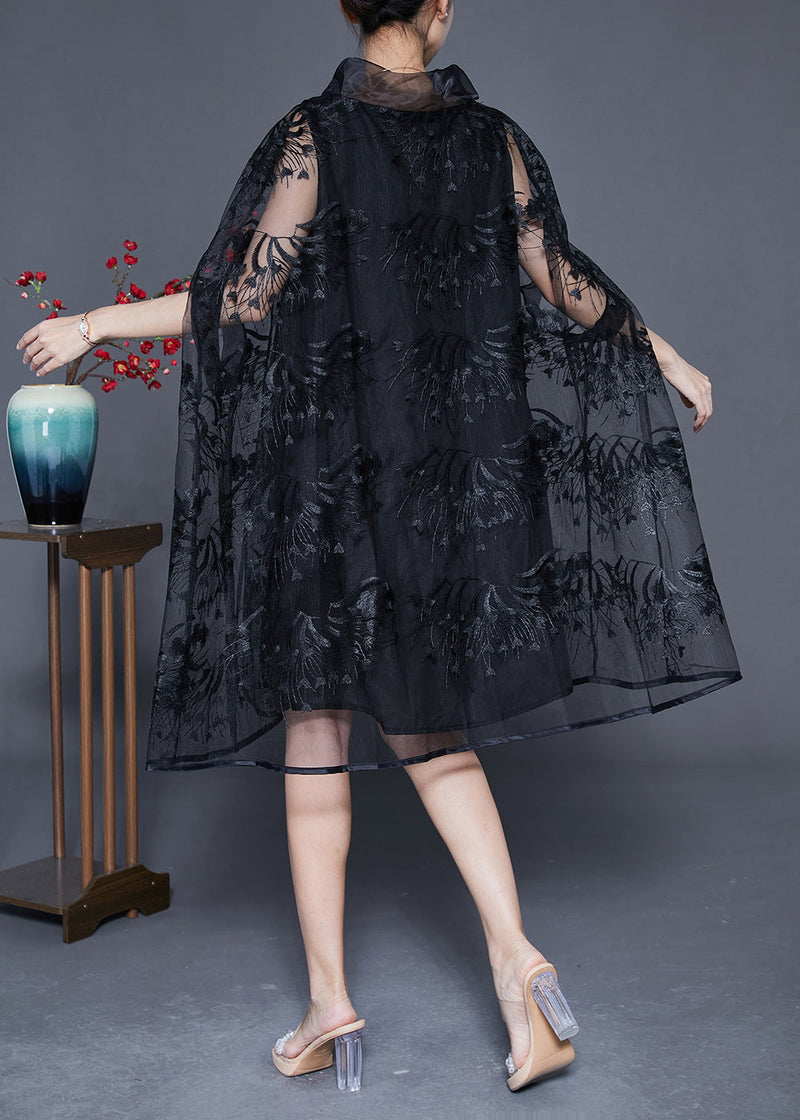 Black High Neck Embroideried Hollow Out Tulle Dress Cloak Sleeves