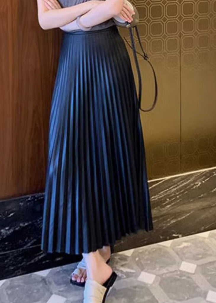 Black High Waist Faux Leather Pleated Skirts Spring