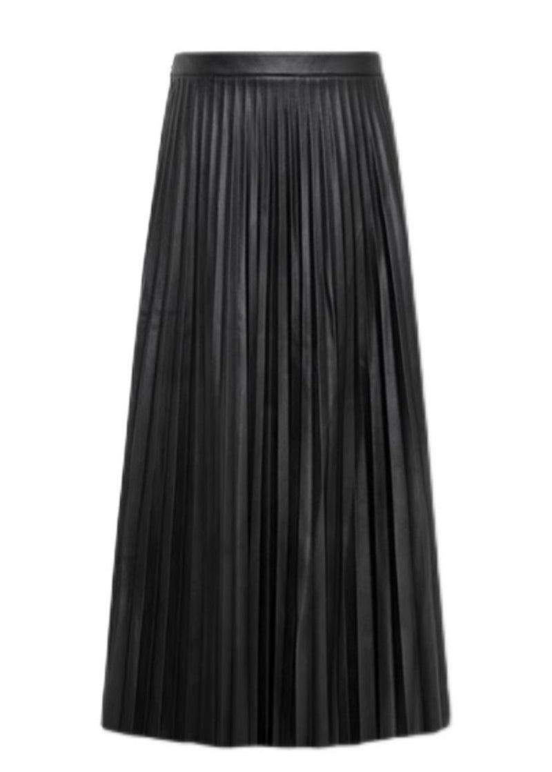 Black High Waist Faux Leather Pleated Skirts Spring