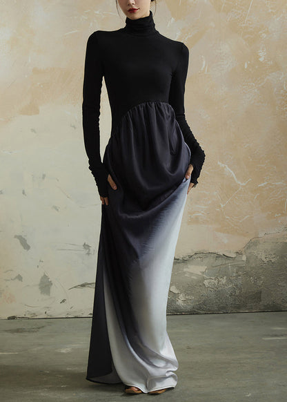Black Hign Neck Wrinkled Patchwork Cotton Dress Spring