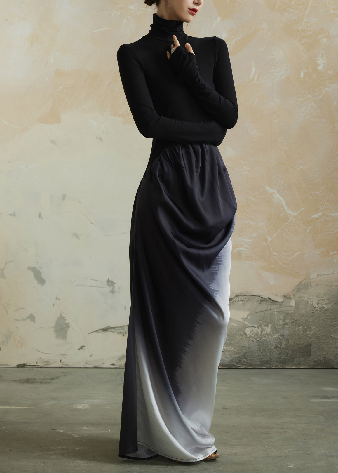 Black Hign Neck Wrinkled Patchwork Cotton Dress Spring