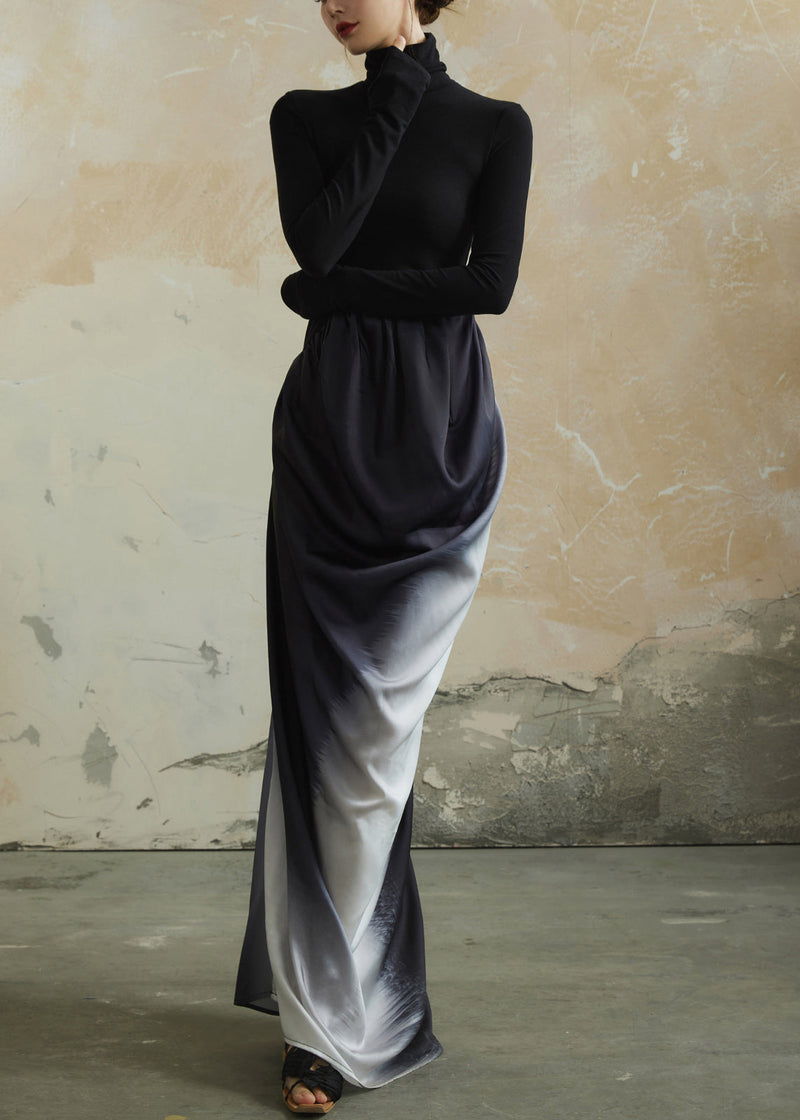 Black Hign Neck Wrinkled Patchwork Cotton Dress Spring