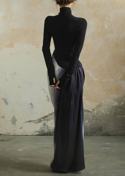 Black Hign Neck Wrinkled Patchwork Cotton Dress Spring