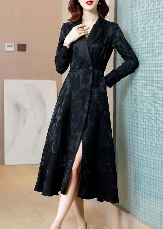 Black Hollow Out Jacquard Pockets Cotton Trench Fall