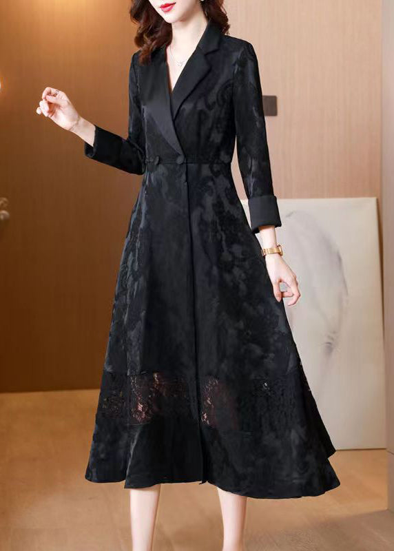 Black Hollow Out Jacquard Pockets Cotton Trench Fall
