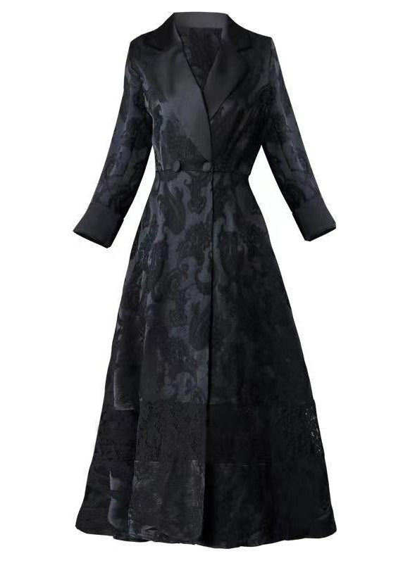 Black Hollow Out Jacquard Pockets Cotton Trench Fall