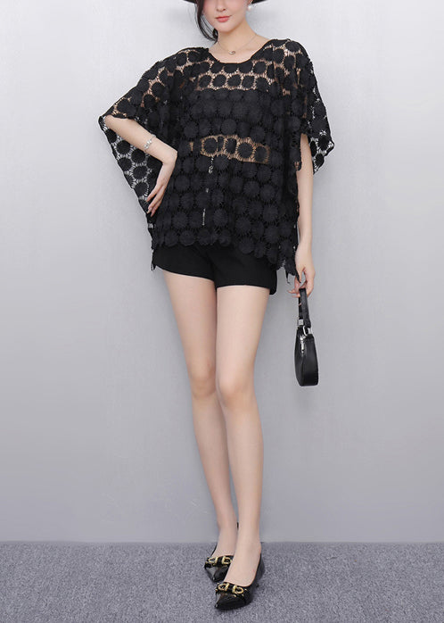Black Hollow Out Lace Tanks Batwing Sleeve