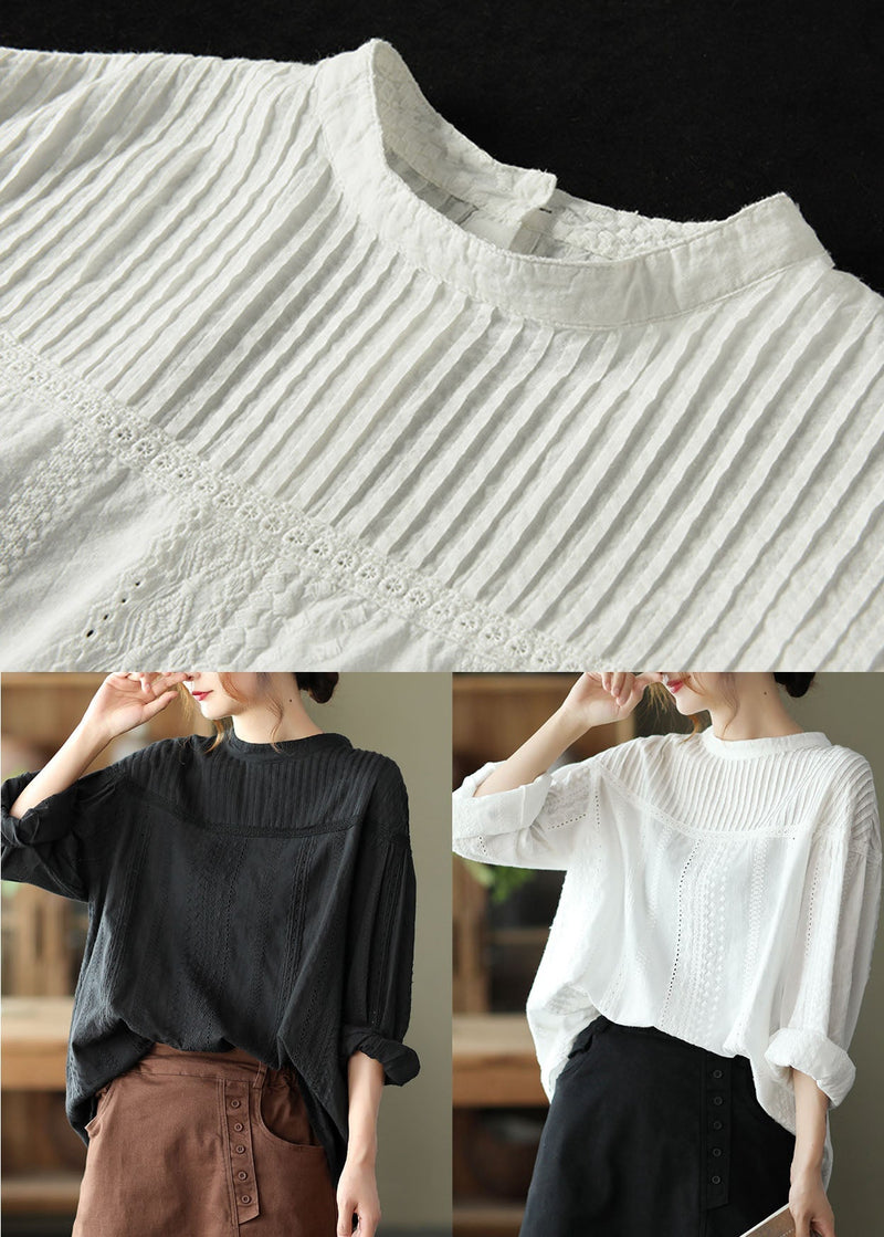 Black Hollow Out Wrinkled Cotton Shirt Top Spring