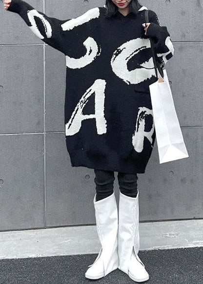 Black Hooded Print Knit Sweater Dress Spring