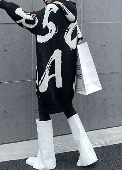 Black Hooded Print Knit Sweater Dress Spring
