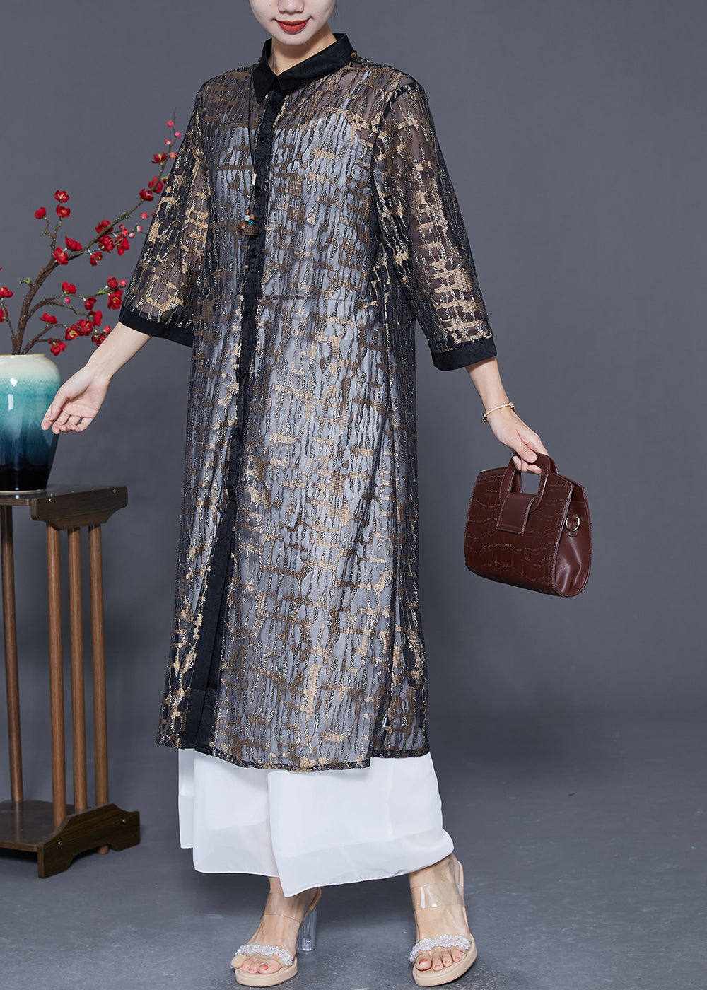 Black Jacquard Hollow Out Tulle Long Cardigan Summer