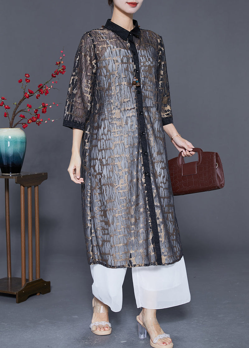 Black Jacquard Hollow Out Tulle Long Cardigan Summer