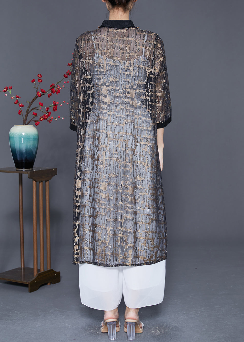 Black Jacquard Hollow Out Tulle Long Cardigan Summer