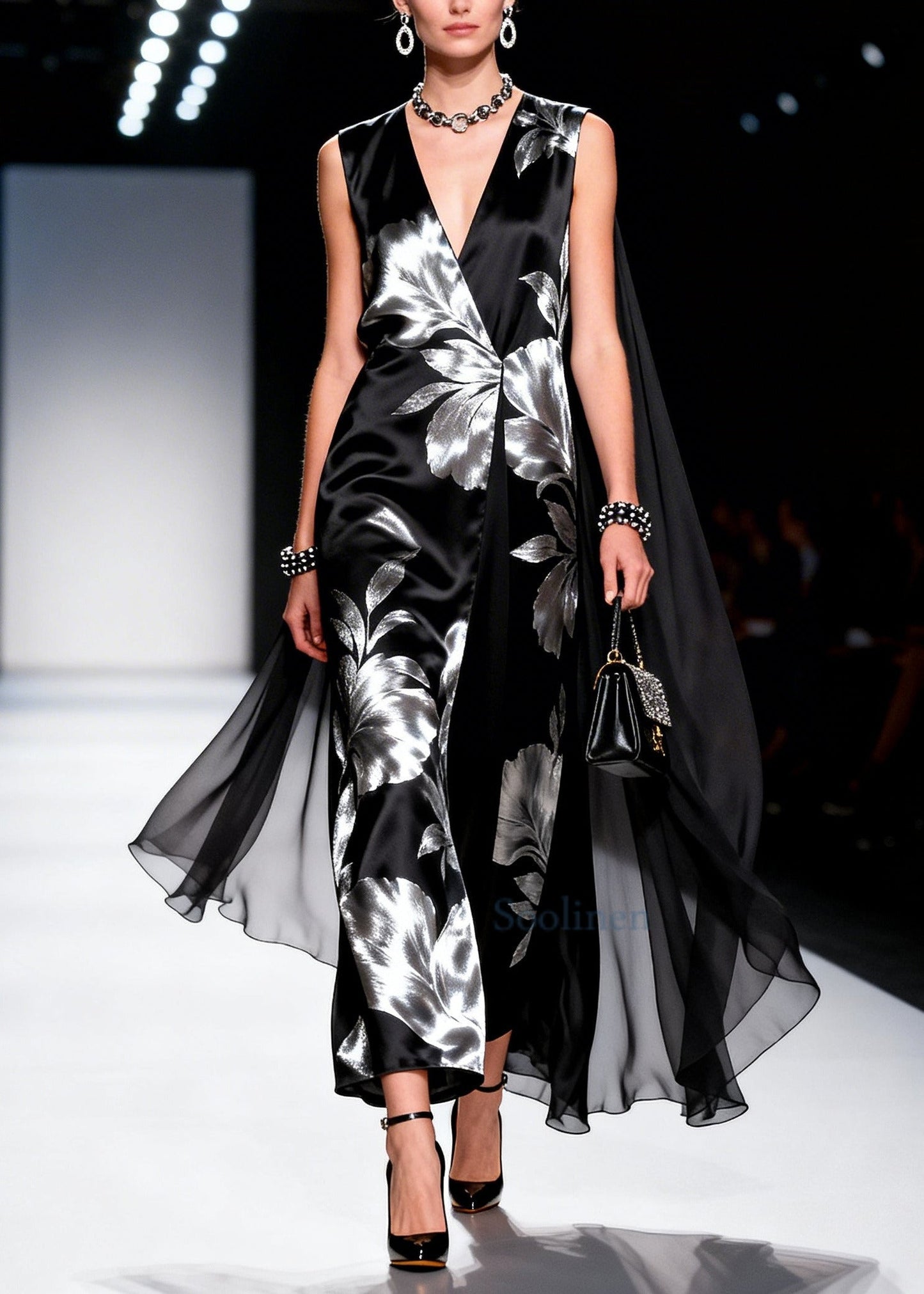 Black Jacquard Patchwork Shawl Silk Party Dress Summer