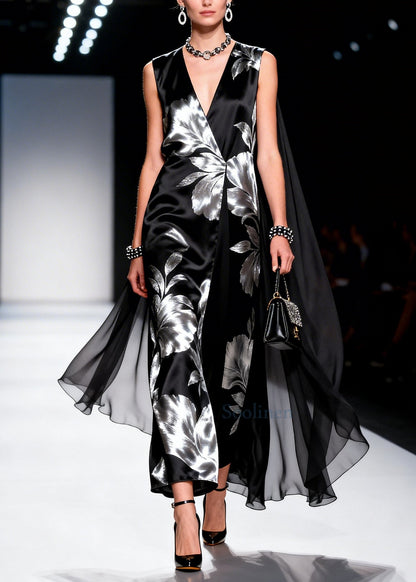 Black Jacquard Patchwork Shawl Silk Party Dress Summer