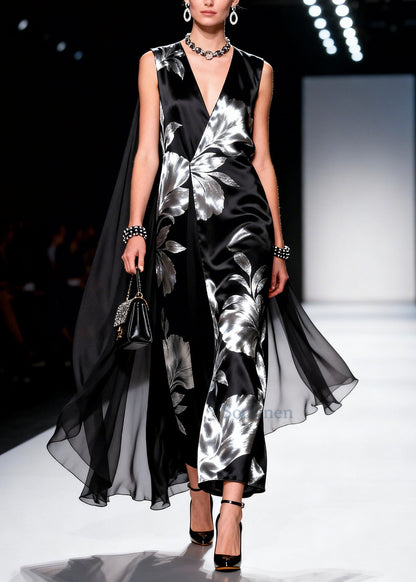 Black Jacquard Patchwork Shawl Silk Party Dress Summer