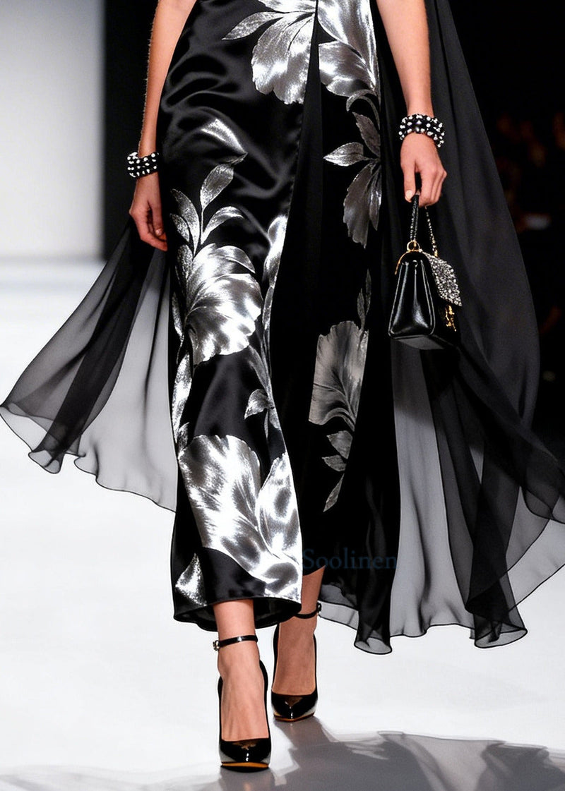 Black Jacquard Patchwork Shawl Silk Party Dress Summer