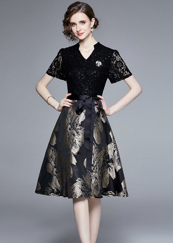 Black Lace Jacquard Patchwork Tie Waist Silk Mid Dress Summer