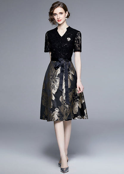 Black Lace Jacquard Patchwork Tie Waist Silk Mid Dress Summer