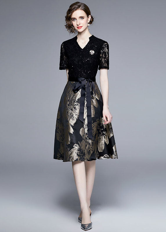 Black Lace Jacquard Patchwork Tie Waist Silk Mid Dress Summer