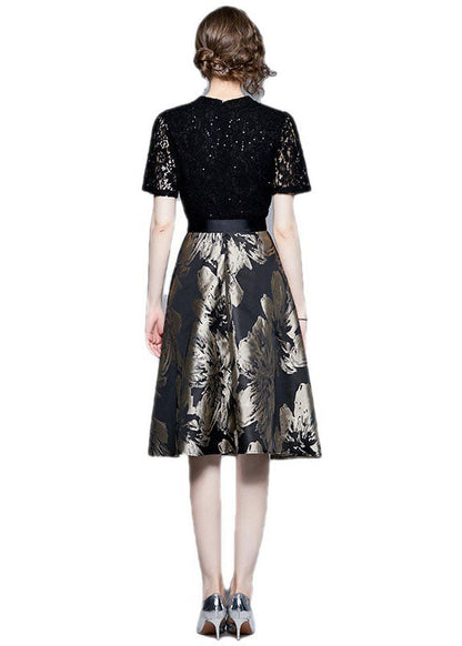 Black Lace Jacquard Patchwork Tie Waist Silk Mid Dress Summer
