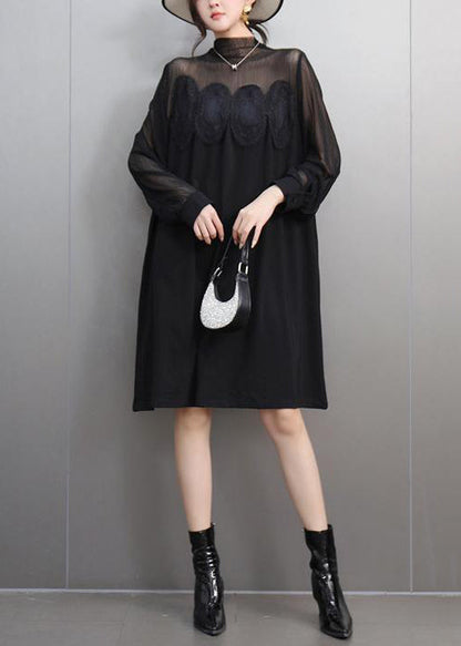 Black Lace Pockets Tulle Patchwork Dresses Fall