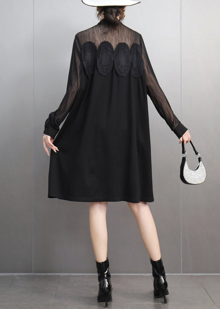 Black Lace Pockets Tulle Patchwork Dresses Fall