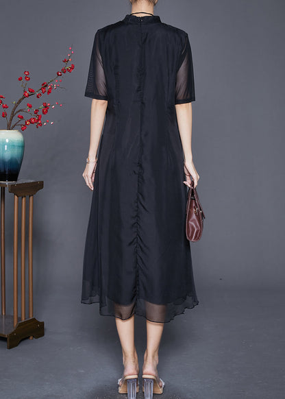 Black Mandarin Collar Patchwork Print Chiffon Dresses Summer