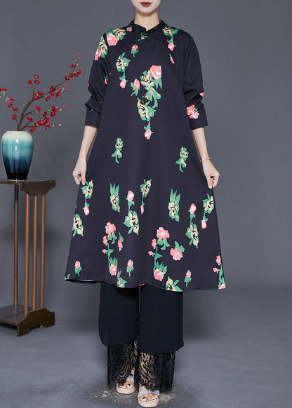 Black Mandarin Collar Print a Line Dress Fall