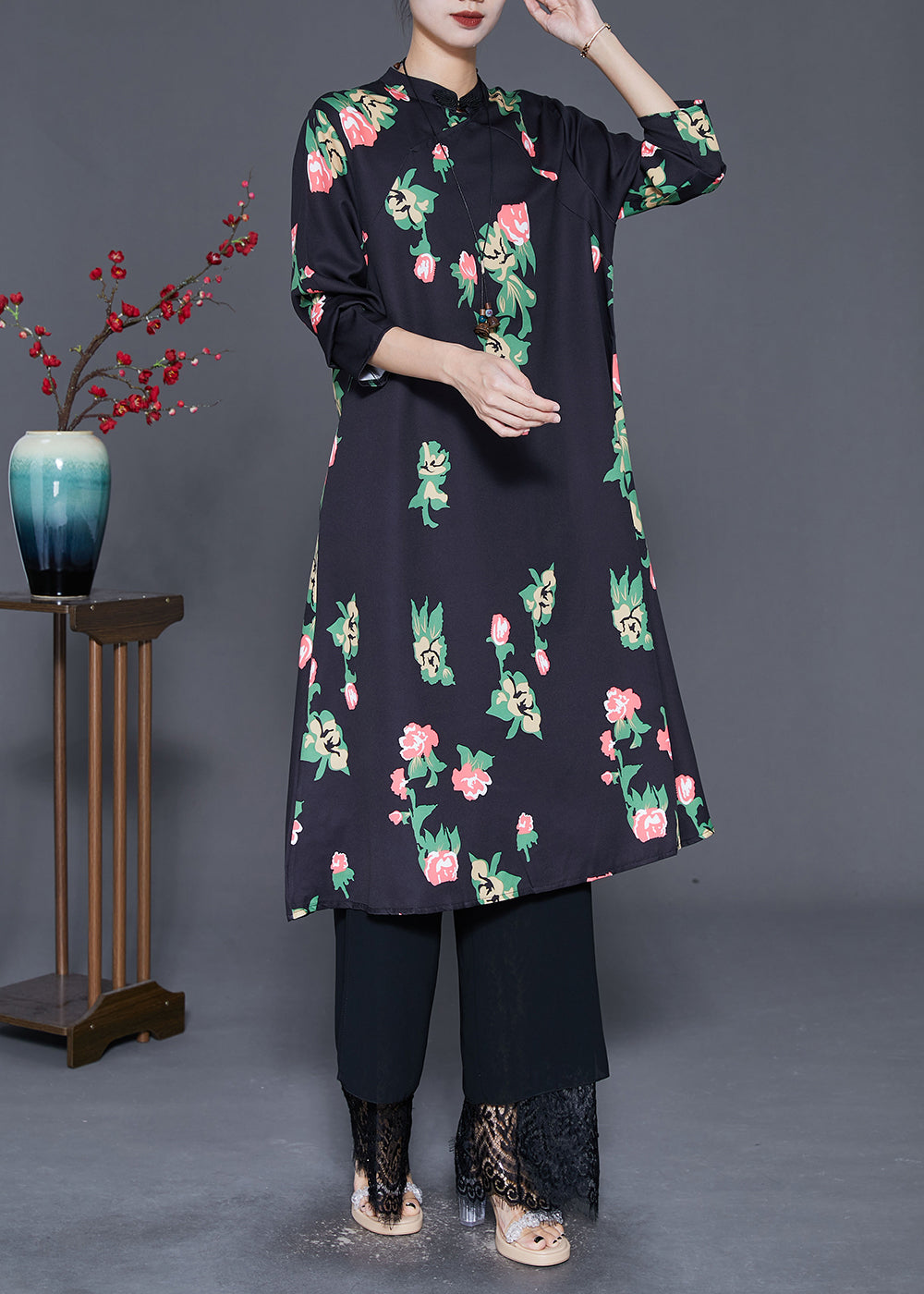 Black Mandarin Collar Print a Line Dress Fall