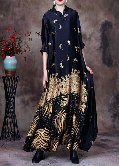 Black Mandarin Collar Print Silk Long Dress Gown Long Sleeve