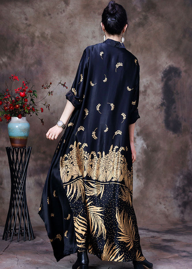Black Mandarin Collar Print Silk Long Dress Gown Long Sleeve