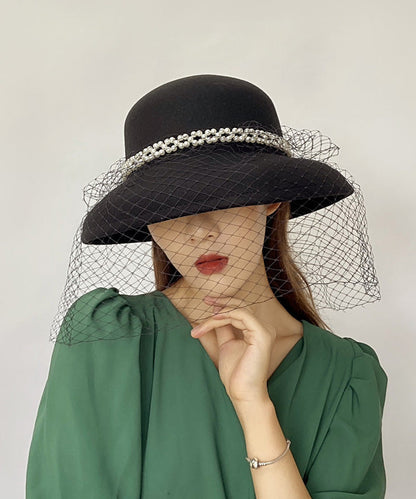Black Nail Bead Mesh Woolen Cloche Hat
