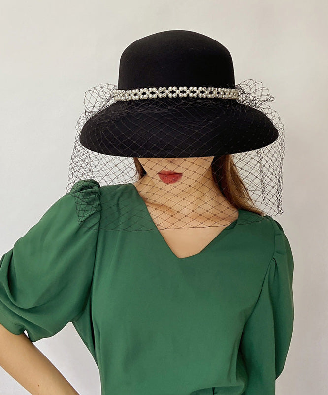 Black Nail Bead Mesh Woolen Cloche Hat