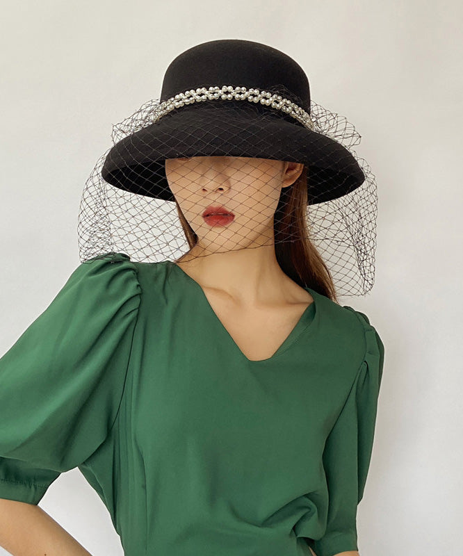 Black Nail Bead Mesh Woolen Cloche Hat