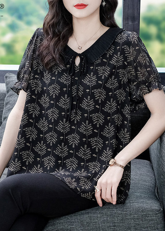 Black Neck Tie Print Chiffon Top Short Sleeve