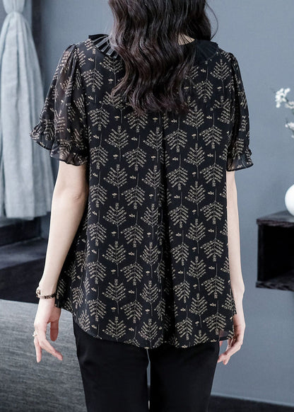 Black Neck Tie Print Chiffon Top Short Sleeve