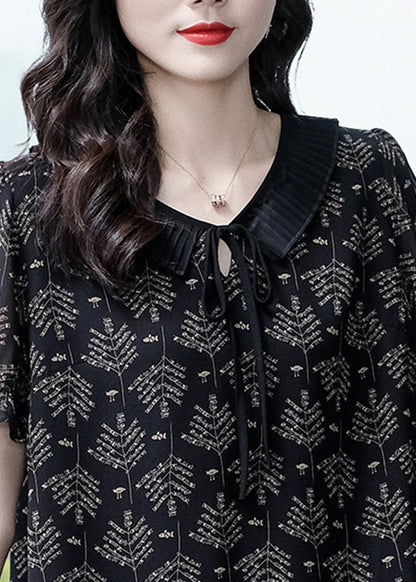 Black Neck Tie Print Chiffon Top Short Sleeve