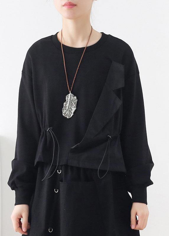 Elegant Black O-Neck Asymmetrical Design Cinched Sweatshirt Streetwear