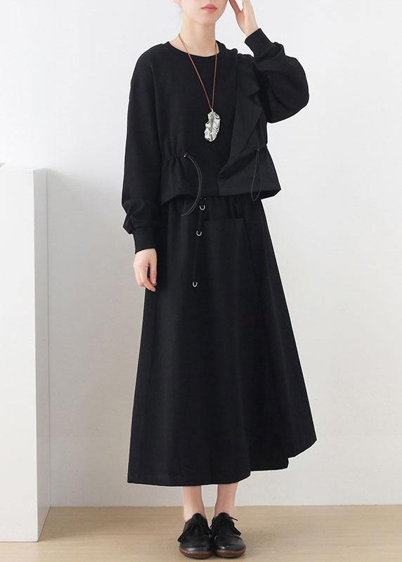 Elegant Black O-Neck Asymmetrical Design Cinched Sweatshirt Streetwear