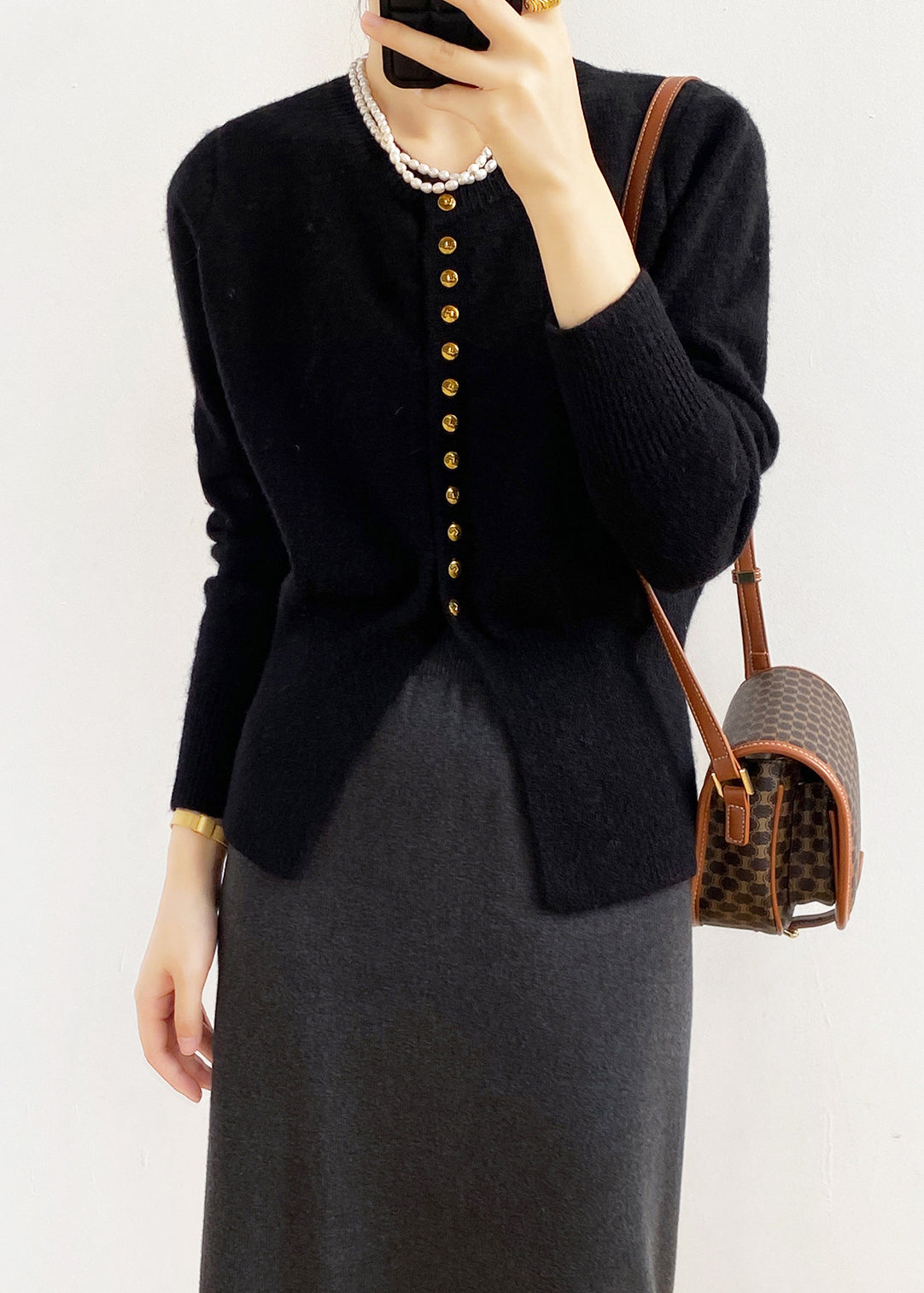 Black O Neck Button Fitted Knit Cardigan Spring