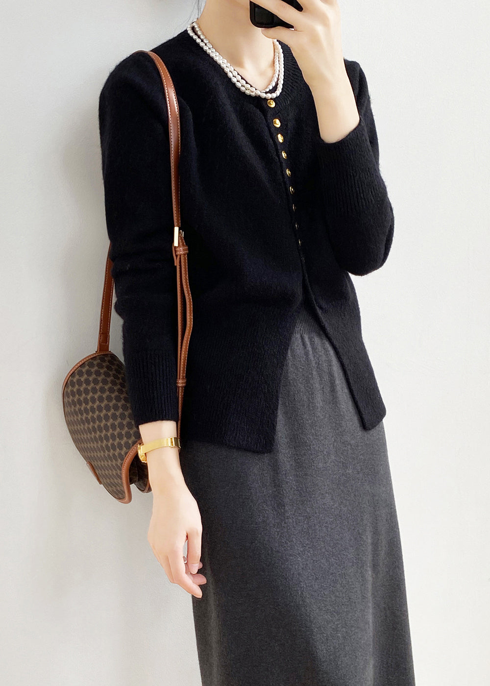 Black O Neck Button Fitted Knit Cardigan Spring
