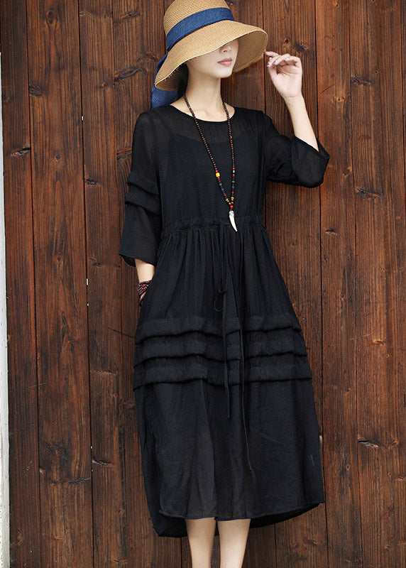 Black O-neck Drawstring Cotton Long Dress Two Pieces Set Summer