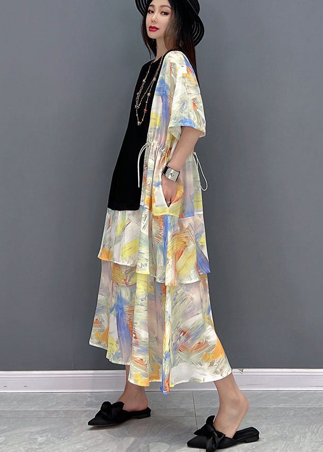Black O-neck Drawstring Patchwork Print Cotton Holiday Dress Short Sleeve
