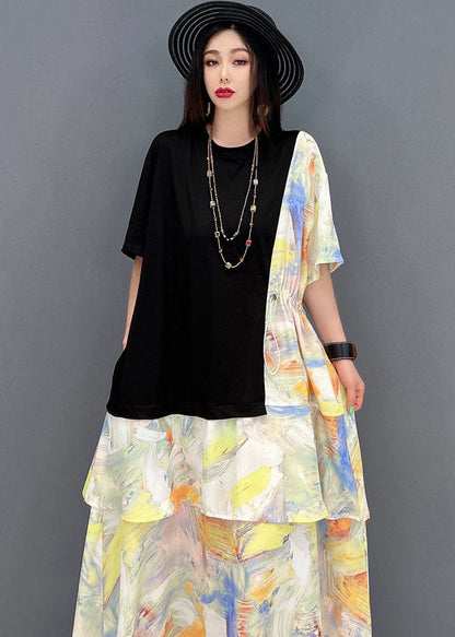 Black O-neck Drawstring Patchwork Print Cotton Holiday Dress Short Sleeve
