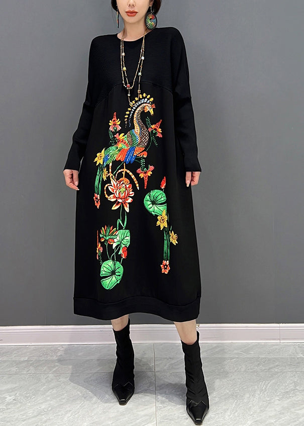 Black O-neck Embroideried Knit Maxi Dress Fall