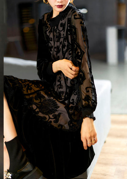Black O-neck Embroidered Patchwork Silk Velour Maxi Dress Long Sleeve