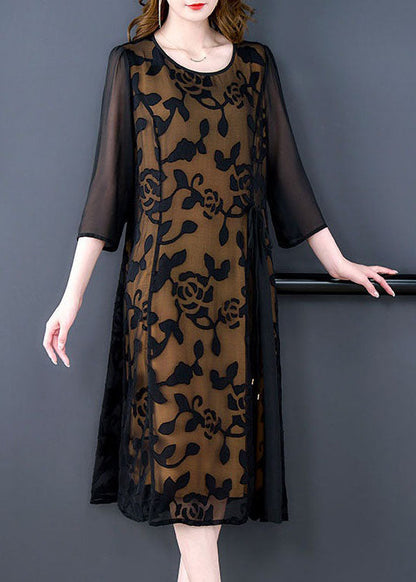 Black O-neck Embroideried Patchwork Tulle Dresses Summer